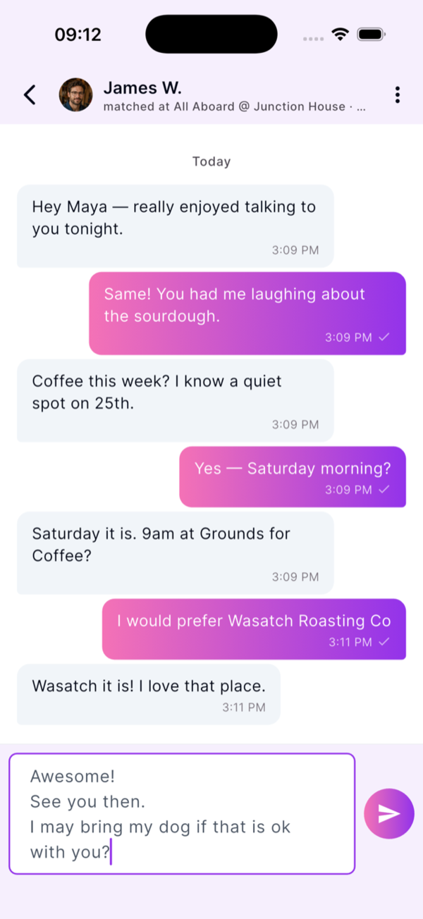 In-app chat between mutually matched daters, planning to meet for coffee