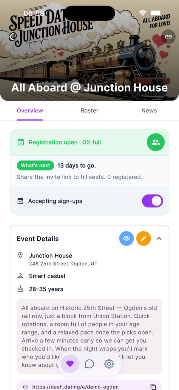 Host event details during registration — accepting sign-ups, days to go, registered count, share invite link