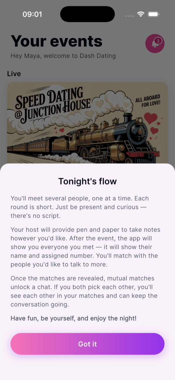 Dater event flow sheet showing rotation order and timing