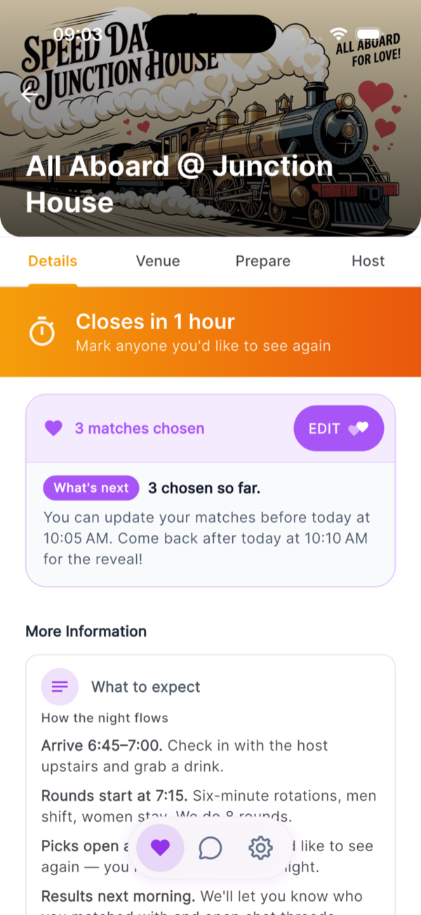 Dater matching tab — countdown to reveal, matches chosen, what to expect
