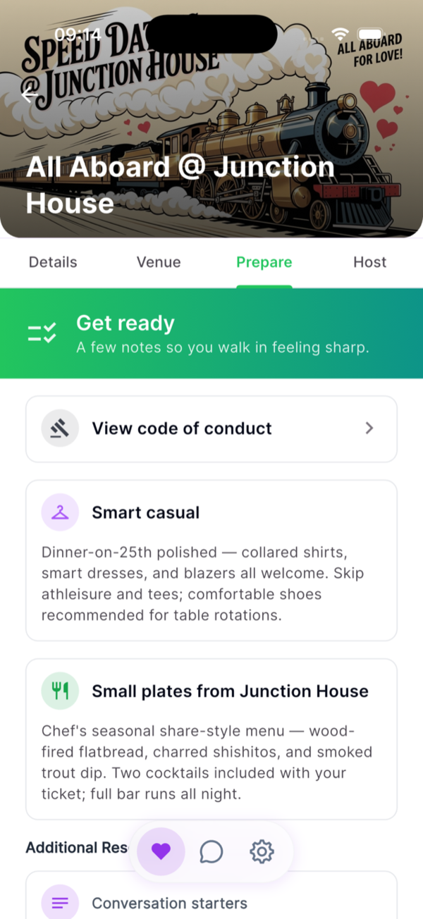 Dater Prepare tab — code of conduct, dress code, menu