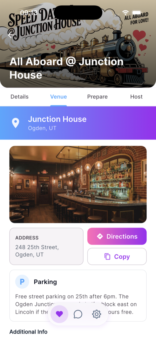 Dater Venue tab — venue photo, address, directions, parking