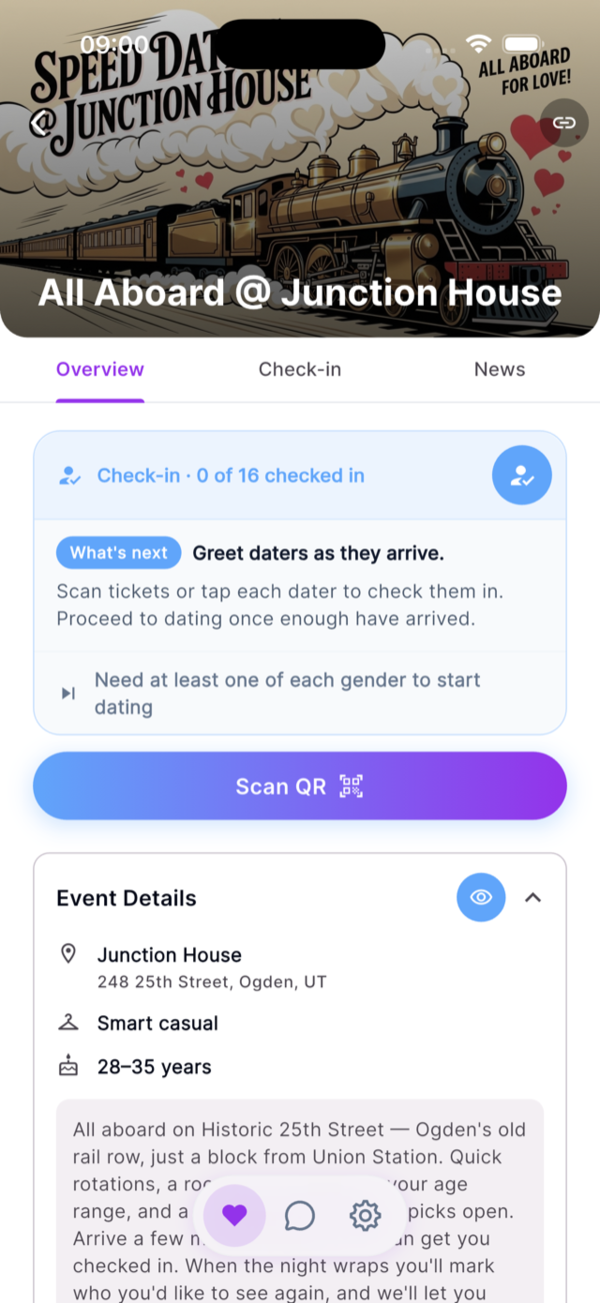 Host check-in tab — Scan QR, 0 of 16 checked in