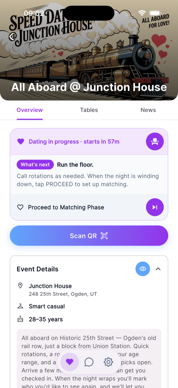 Host dating-phase tab — Run the floor, scan QR, proceed to matching